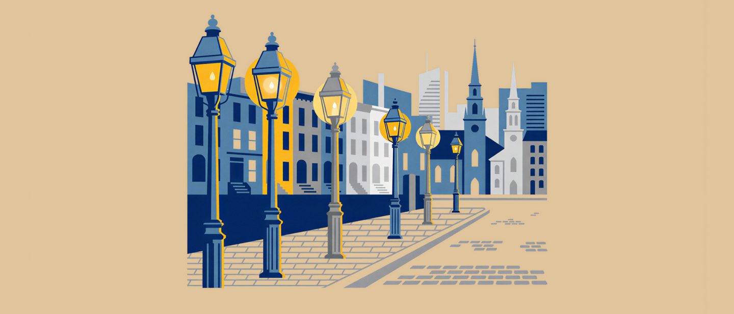 Illustration einer Bostoner Straße mit historischen Gebäuden und Straßenlaternen