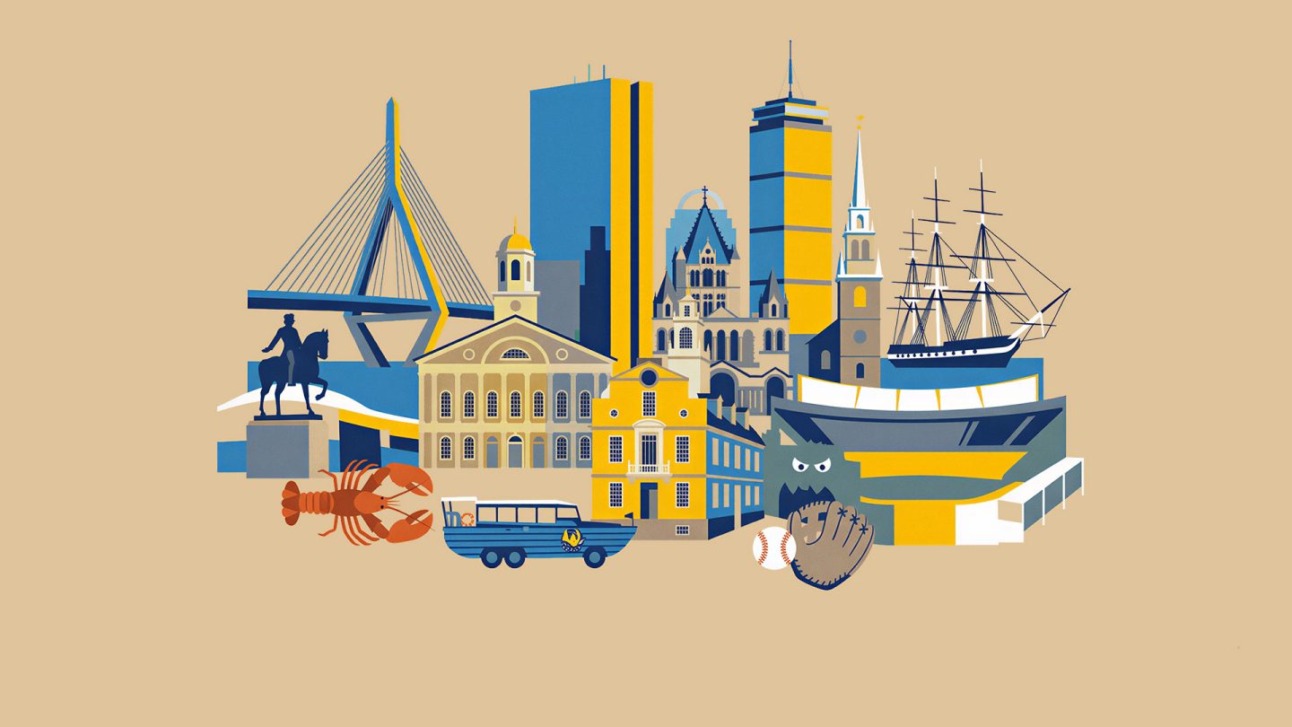 Illustration von Boston mit Skyline, Zakim Bridge, Schiff und historischen Wahrzeichen