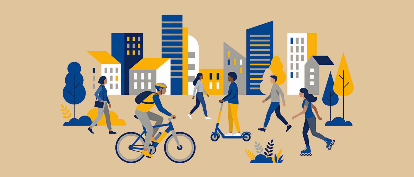Illustration von städtischer Mobilität mit Fahrrad, E-Scooter und Fußgängern vor einer Skyline