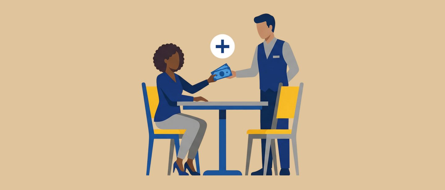 Illustration von zwei Personen an einem Tisch beim Bezahlen oder Geben von Trinkgeld