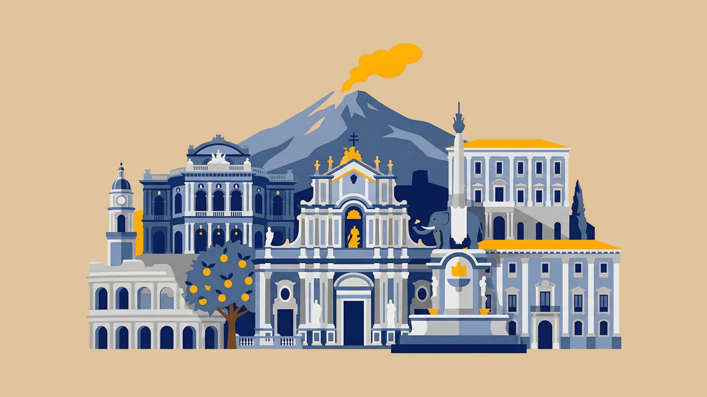 Illustration einer Collage von Catania mit dem Ätna, dem Elefantenbrunnen und barocker Architektur