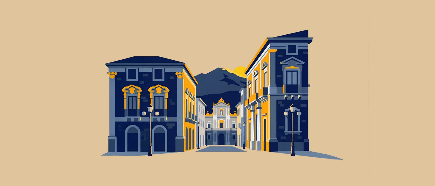Illustration einer historischen Straße in Catania mit barocken Gebäuden und Blick auf den Ätna im Hintergrund
