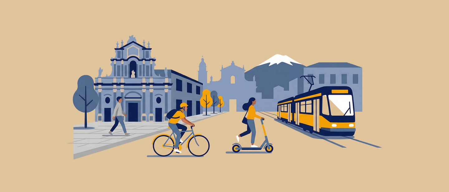 Illustration einer Stadt mit Straßenbahn, Fahrrad und E-Roller vor historischer Kulisse und Bergen
