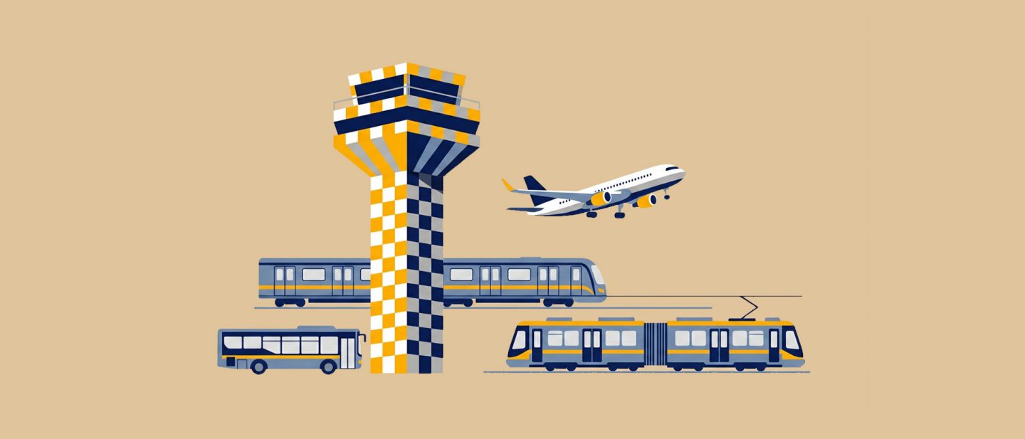Illustration eines Flughafen-Kontrollturms mit Flugzeug, Bus, Straßenbahn und Zug in blauen und gelben Farben auf einem beigen Hintergrund.