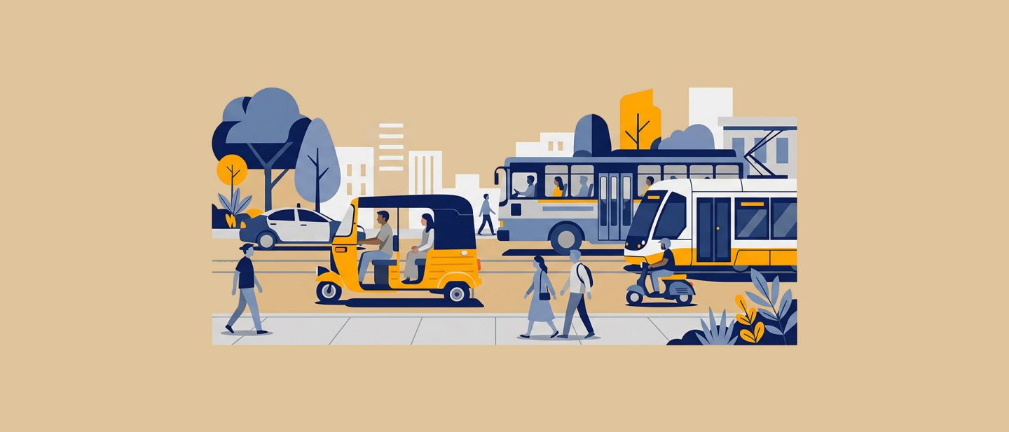 Illustration einer Stadtstraße mit einem Tuk-Tuk, Bus, Straßenbahn, Roller und Fußgänger:innen in einer städtischen Verkehrsszene.
