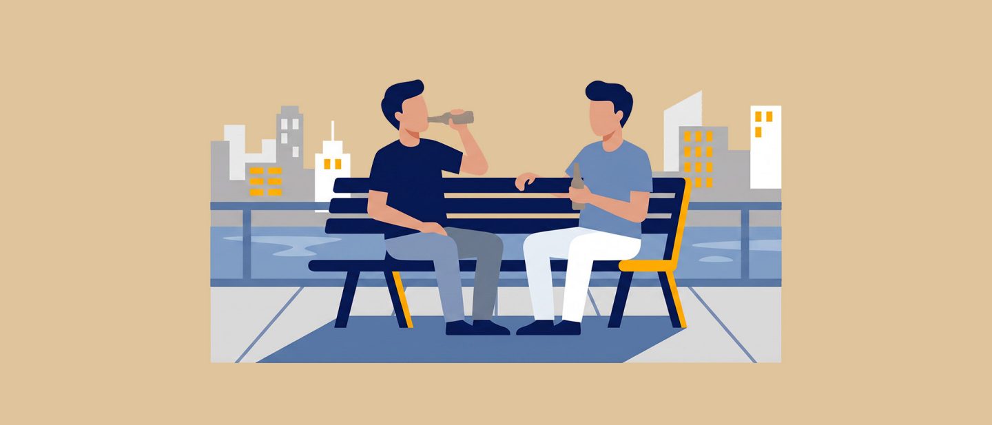 Illustration von zwei Männern, die auf einer Bank am Wasser sitzen und Getränke trinken, im Hintergrund sind Stadtgebäude zu sehen.
