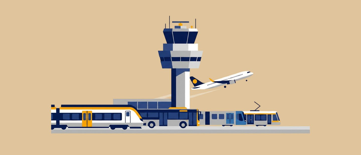 Illustration eines Flughafenkontrollturms mit einem startenden Flugzeug und verschiedenen öffentlichen Verkehrsmitteln davor.
