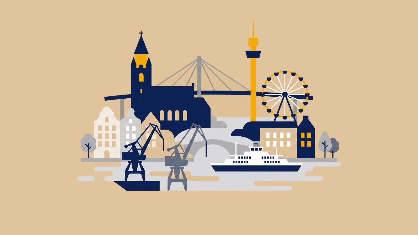 Illustration einer Stadtsilhouette mit Kirche, Brücke, Riesenrad, Kränen, Gebäuden und einer Fähre auf dem Wasser.
