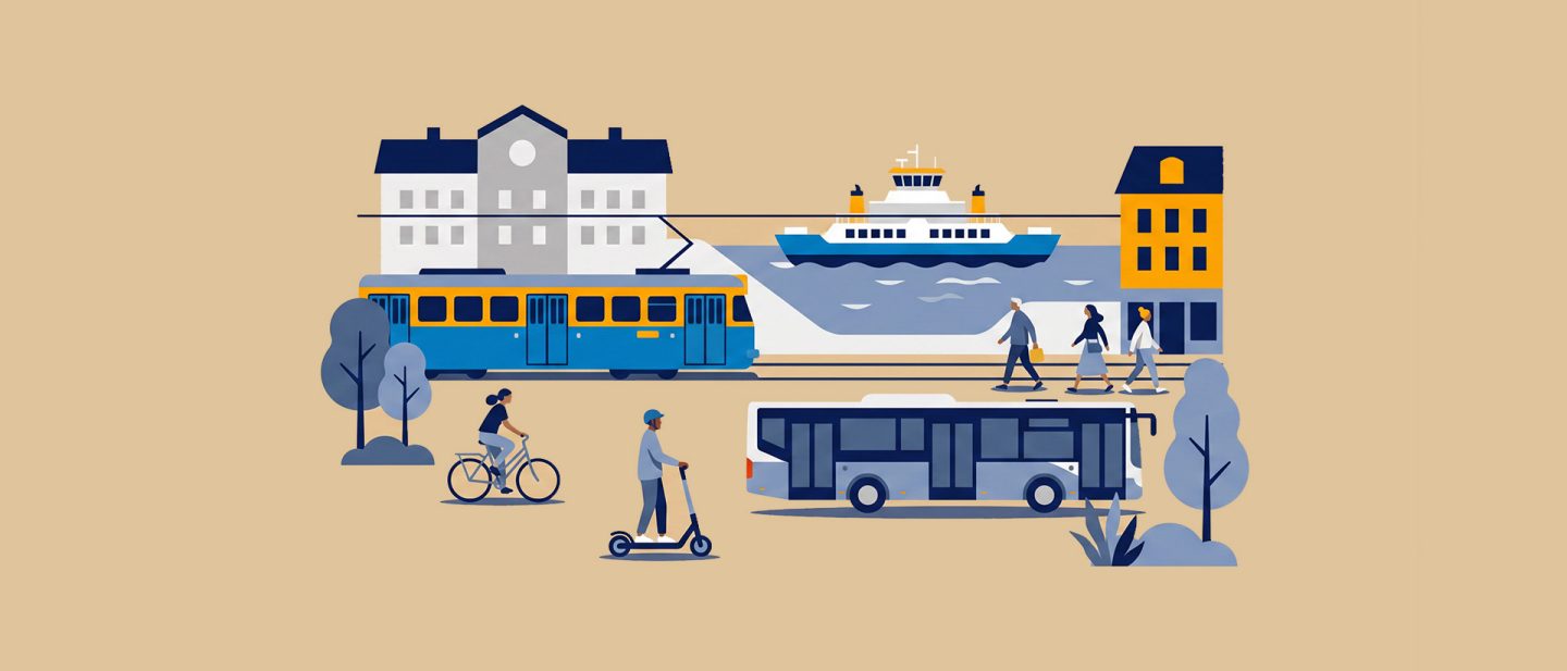Illustration einer Stadtszene mit Bus, Straßenbahn, Fähre, Menschen, die gehen, Rad und Roller fahren, umgeben von Gebäuden und Bäumen.