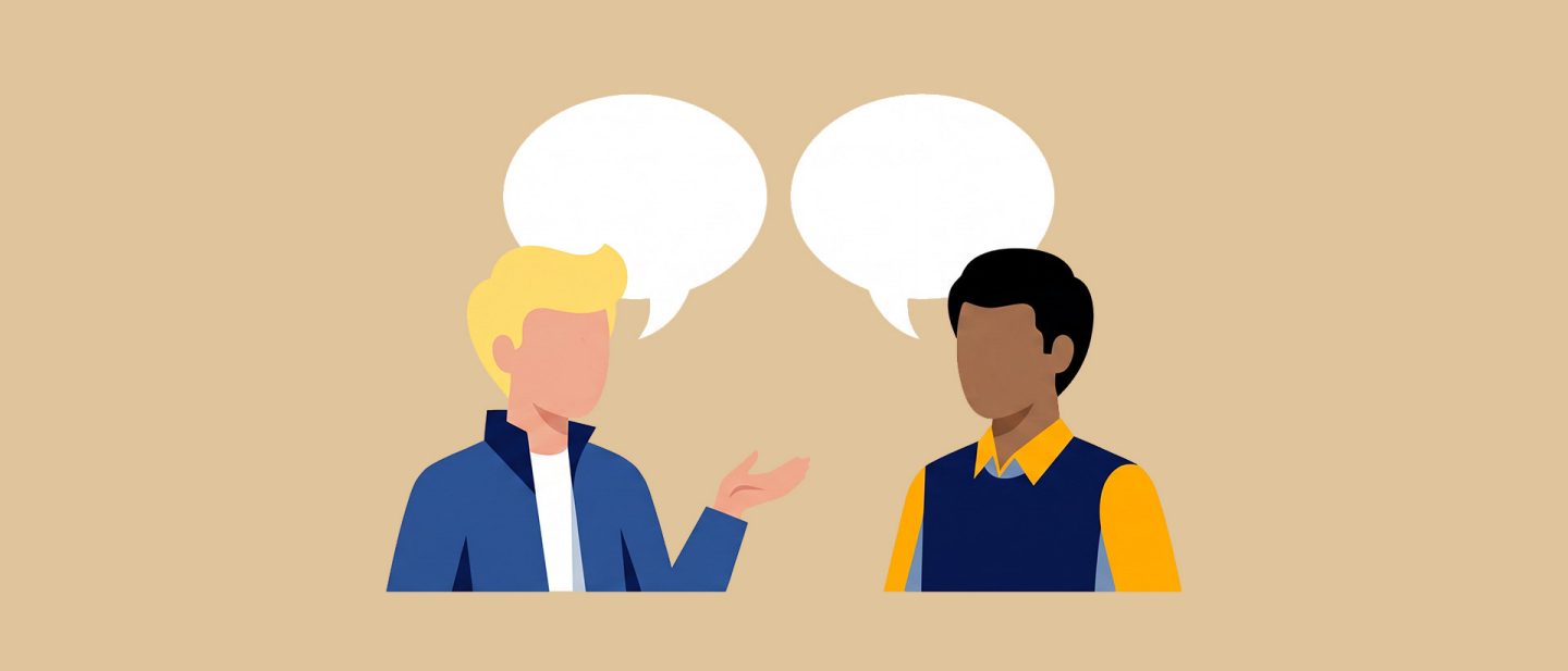 Illustration von zwei Männern, die auf einem beigen Hintergrund miteinander sprechen, mit Sprechblasen.