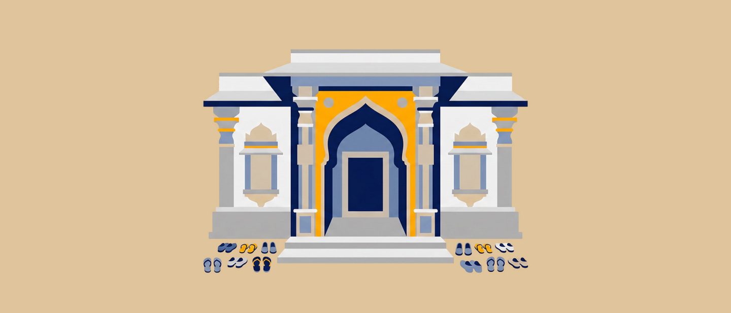 Illustration of a temple entrance with decorative pillars and multiple pairs of shoes neatly arranged outside.