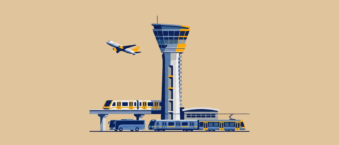 Illustration eines Flughafen-Kontrollturms mit Flugzeug, Zug, Bus und Straßenbahn vor einem beigen Hintergrund.