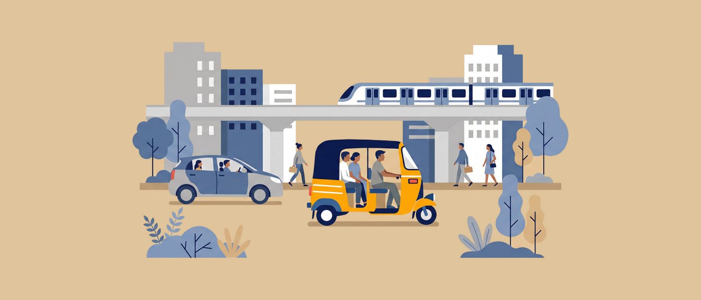 Illustration einer Stadtszene mit einer Auto-Rikscha, einem Auto sowie Zug auf der Brücke und Menschen, die auf Gehwegen gehen.
