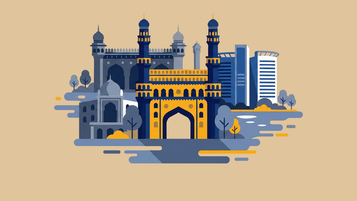 Illustration des Charminar-Denkmals mit Stadtbild und modernen Gebäuden im Hintergrund auf einem beigen Hintergrund.