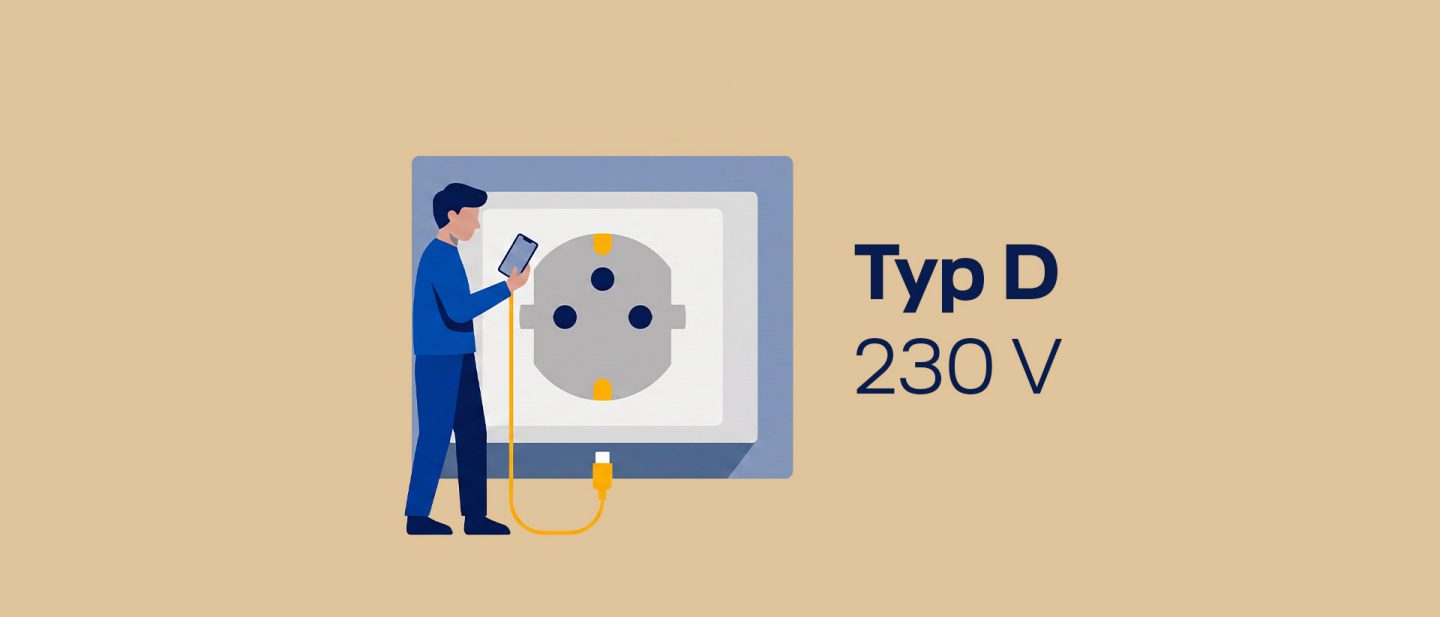 Illustration einer Person, die ein Smartphone mit einem orangefarbenen Kabel über eine Steckdose vom Typ D mit 230 V auflädt.