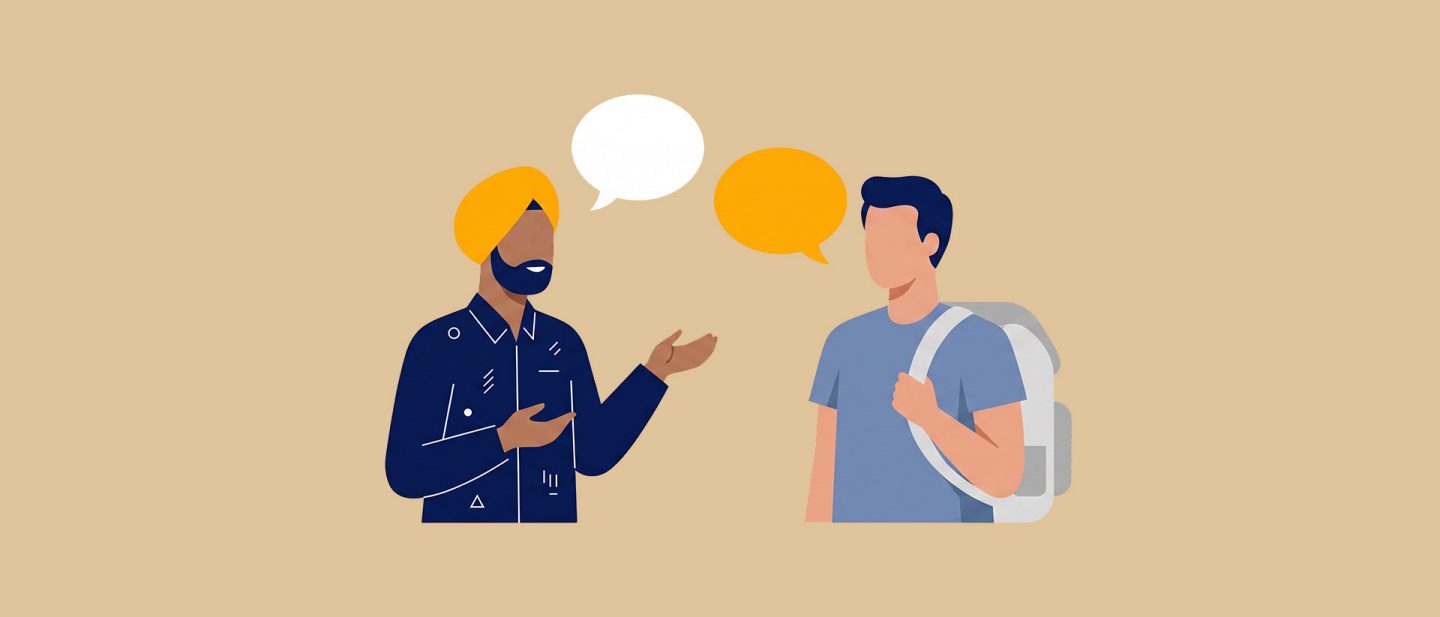 Illustration von zwei Männern, die ein Gespräch mit Sprechblasen führen, wobei einer einen Turban trägt und der andere einen Rucksack.