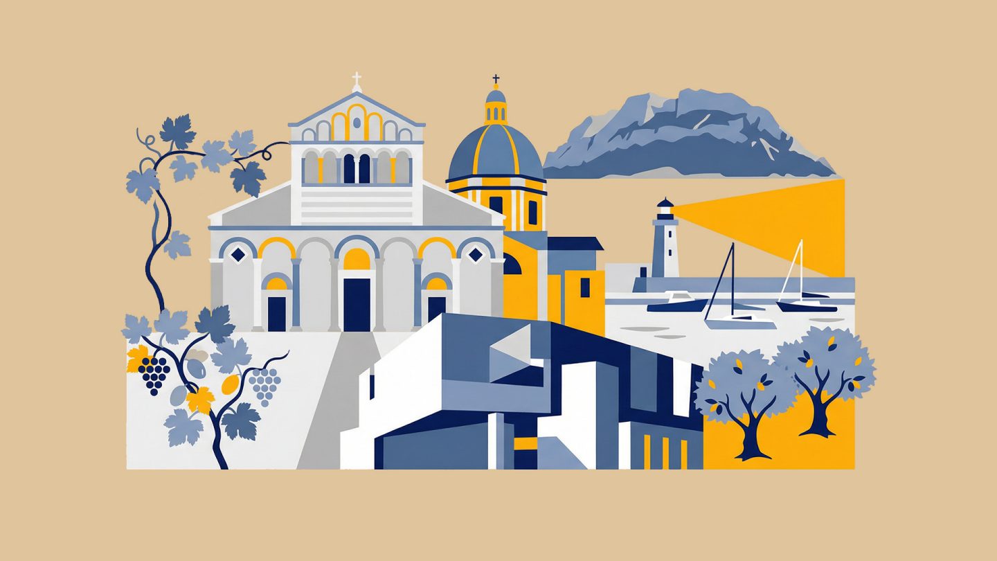 Illustration einer Küstenstadt mit historischer Kirche, Leuchtturm, Segelbooten, Weinbergen, modernen Gebäuden und Olivenbäumen am Meer.