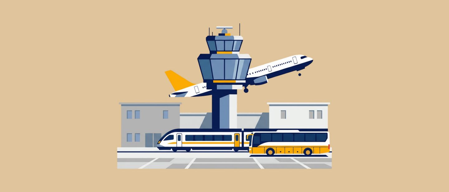 Illustration eines Flughafen-Kontrollturms mit einem startenden Flugzeug, einem Zug und einem Bus davor auf beigem Hintergrund.