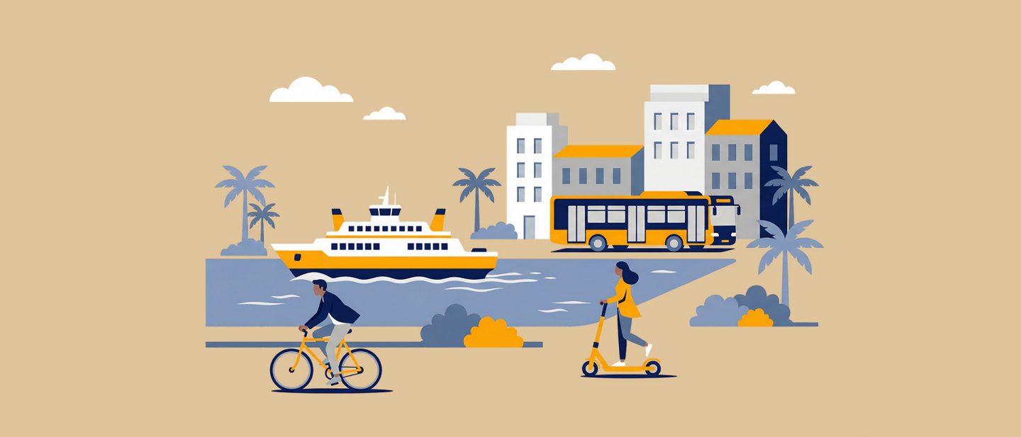 Illustration einer Stadtszene mit Fähre, Bus, Radfahrer und Person, die an der Uferpromenade mit Palmen Roller fährt.
