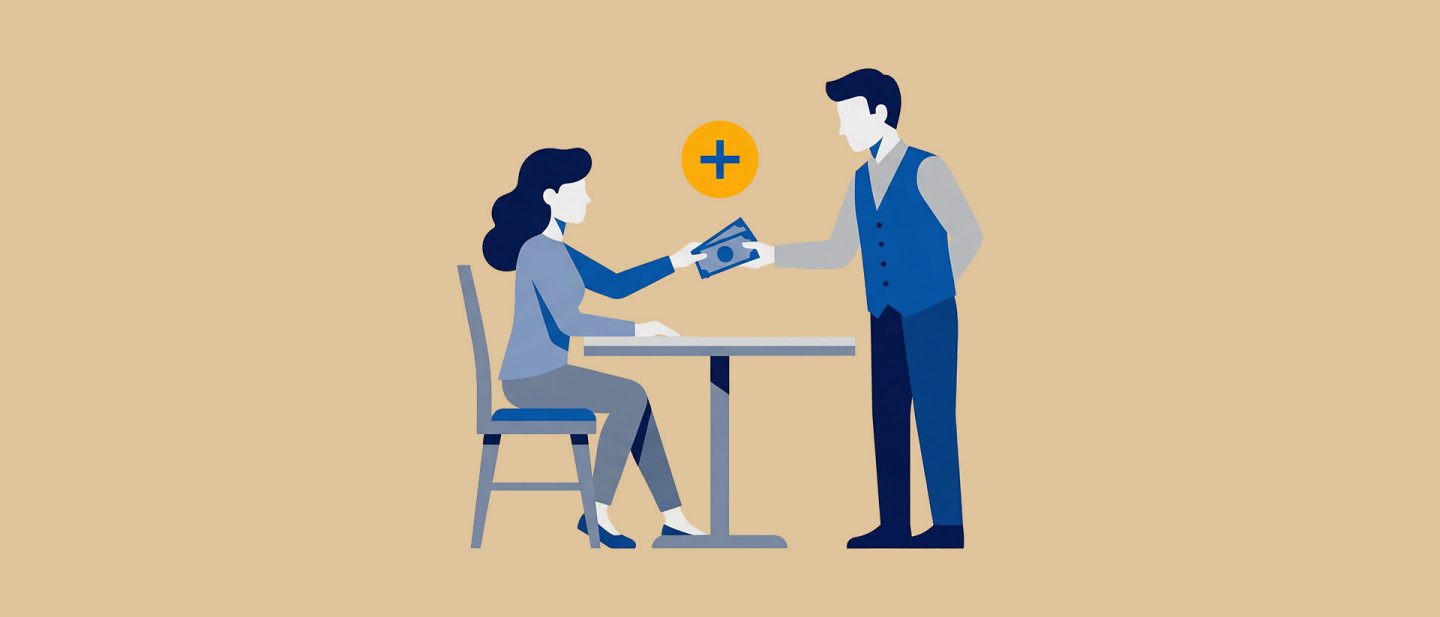 Illustration einer Frau, die einem Kellner an einem Tisch Geld bezahlt, über dem ein Pluszeichen-Symbol steht.