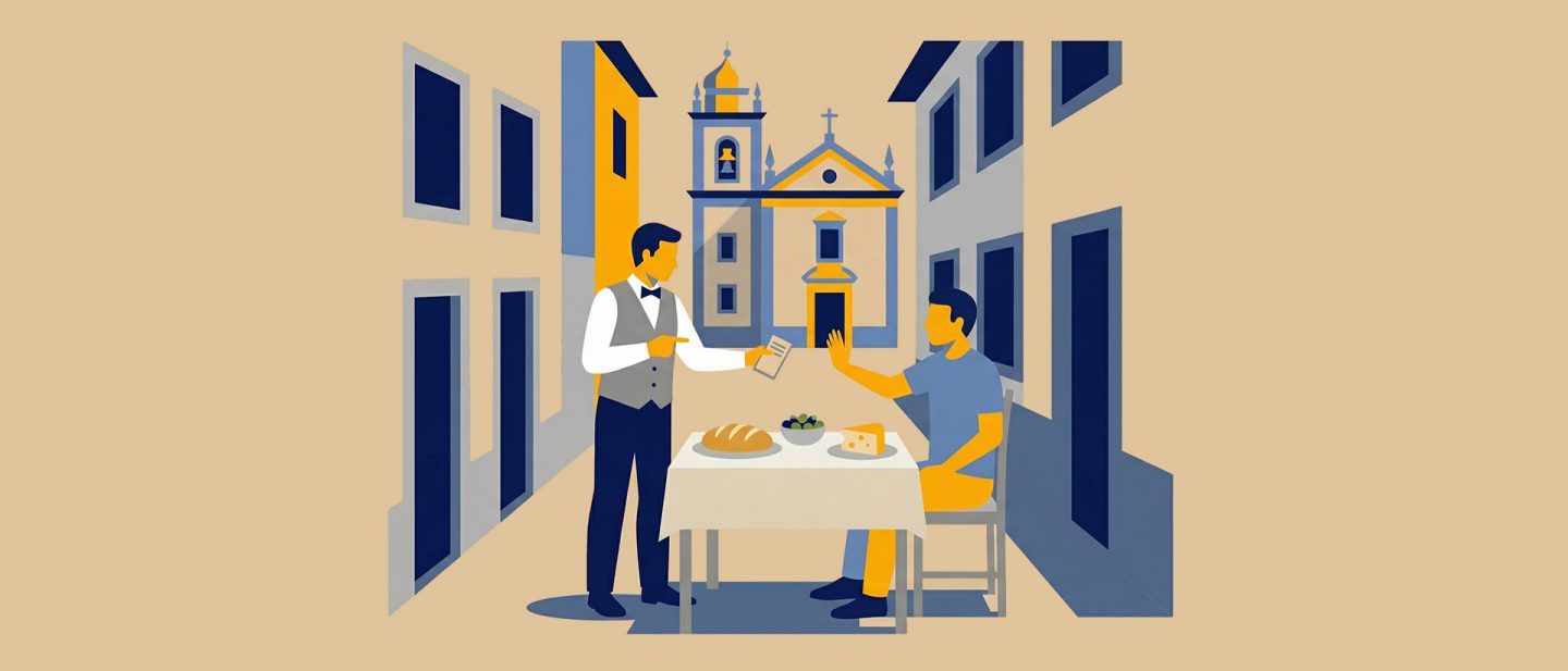 Illustration of a waiter presenting a bill to a seated diner at an outdoor table with buildings and a church in the background.