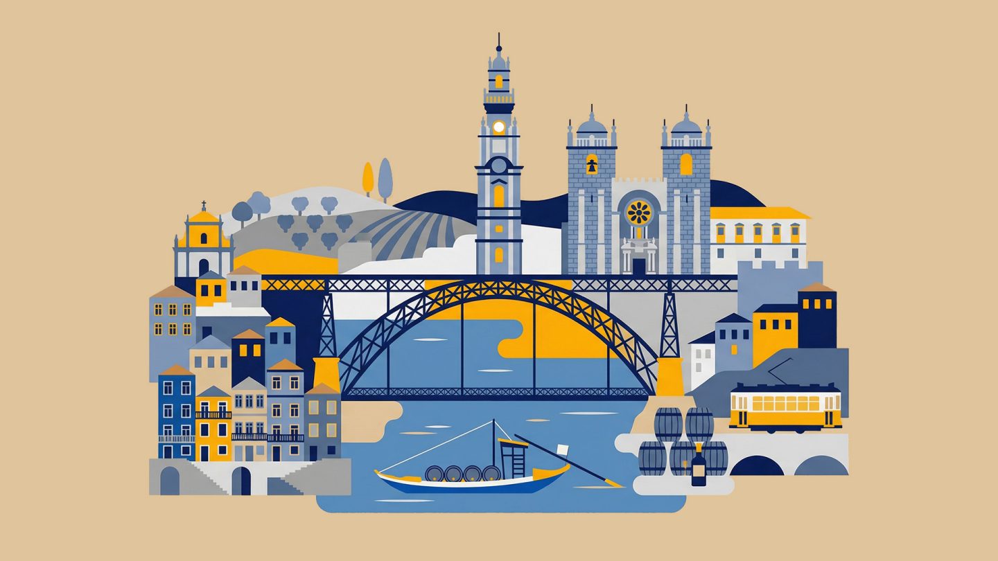 Illustration der Stadtsilhouette von Porto mit der Dom-Luís-I-Brücke, der Kathedrale, bunten Gebäuden, einer Straßenbahn und einem Flussboot auf blauem Wasser.