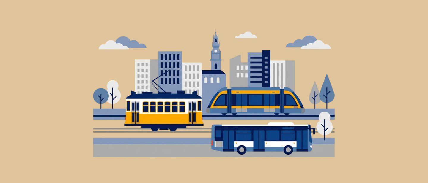 Illustration of a cityscape with a tram, modern train, and bus in front of buildings and trees under a cloudy sky.