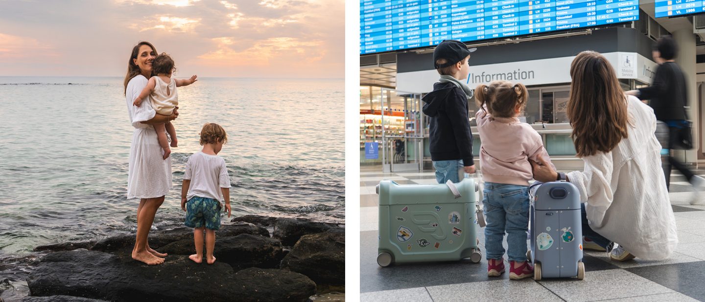 Mutter mit zwei Kindern am Meer und mit Koffern am Flughafen