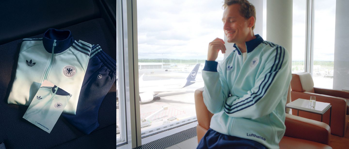 Geteiltes Bild: links Trainingsanzug mit Logos von adidas, DFB und Lufthansa, rechts Person in der Lufthansa First-Class-Lounge mit dem Trainingsanzug.