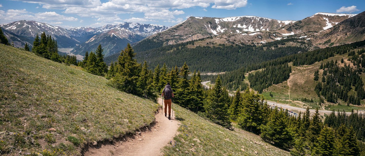 A hiker follows a trail in the mountains with views of pine trees and snow-capped peaks