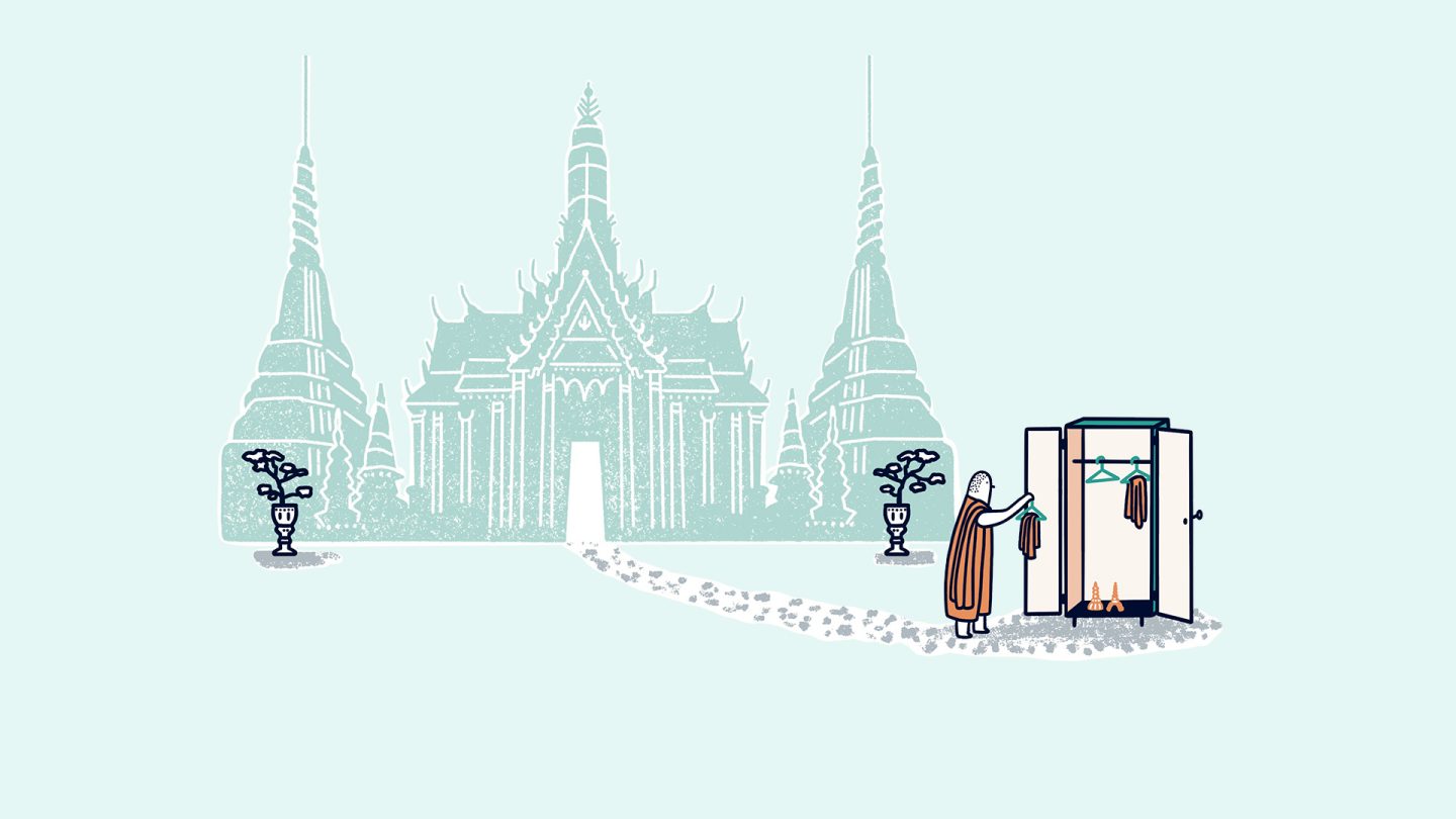 Illustration of a monk selecting clothes from a wardrobe in front of a Buddhist temple